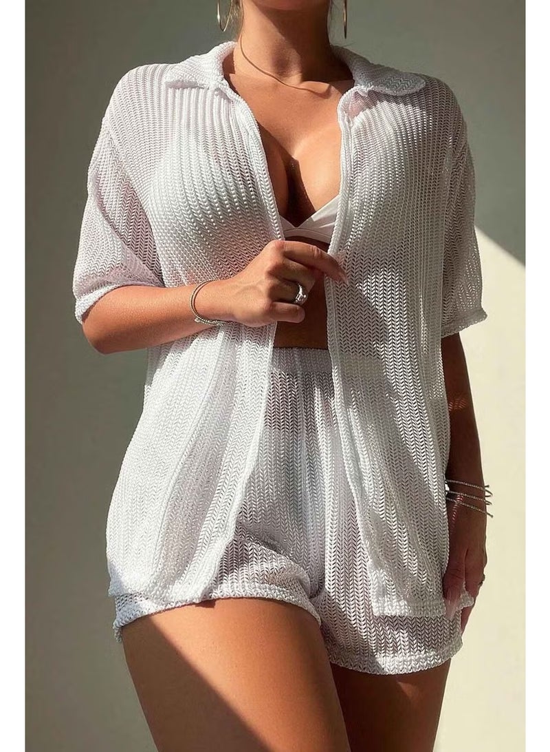 Angelsin Collar Detailed Shirt Look Bottom Top Shorts Set Beach Dress Pareo - Image 3
